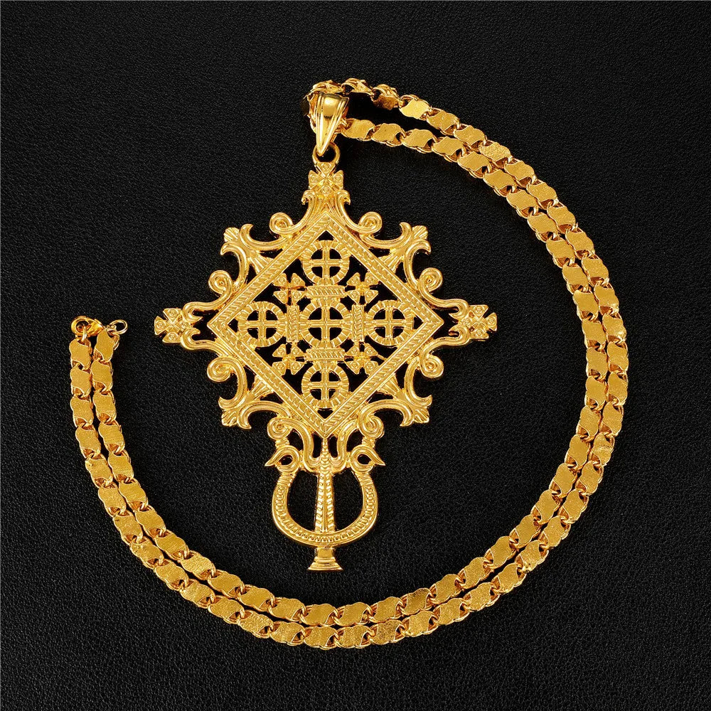 Ethlyn Ethiopian Eritrean Big Cross Pendant Chain Necklace Thick Gold Color Habesha Jewelry MY294