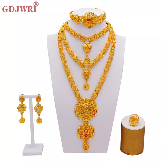 Arabic Dubai Jewelry Set for Women Earrings Ethiopian African Long Chain Gold Color Necklace Wedding Bridal Gift