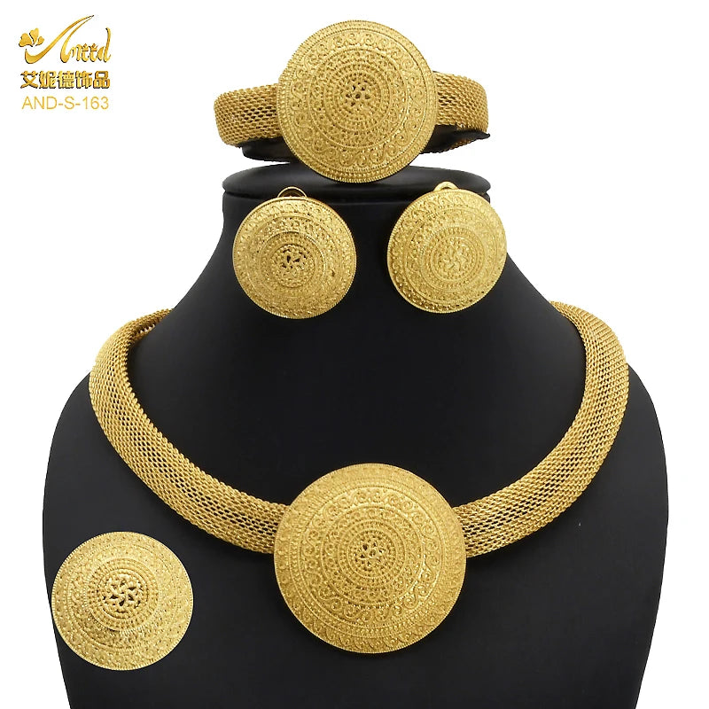 ANIID Womens Ethiopian Gold Plated Jewelry Set Bridal Dubai Jewellery Wedding Brazilian Eritrean African Earring Necklaces Set