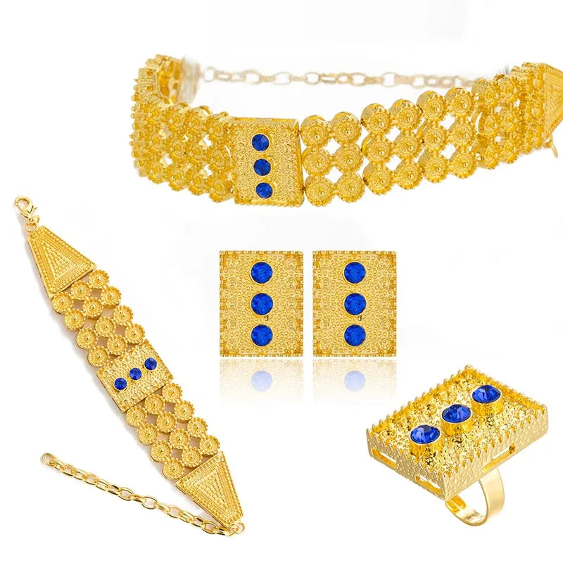 Ethiopian Gold Color Jewelry sets Colored Stone Chokers Necklace/Earrings/Ring/Bracelet African Wedding Eritrean for Women