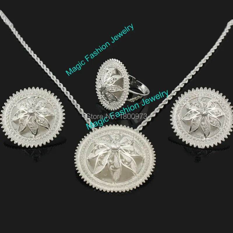 Newest Ethiopian Crystal Pendant/Earrings/Ring/Necklace Jewelry Silver Plated Habesha Jewelry African 4PCS Wedding Jewelry Sets