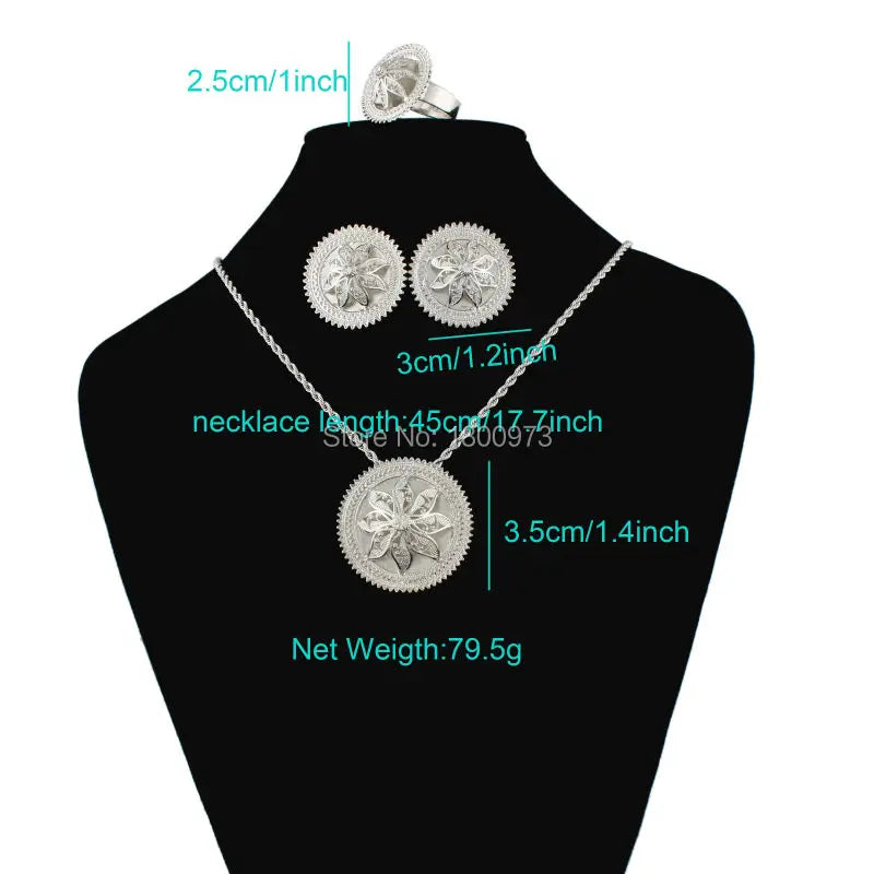 Newest Ethiopian Crystal Pendant/Earrings/Ring/Necklace Jewelry Silver Plated Habesha Jewelry African 4PCS Wedding Jewelry Sets