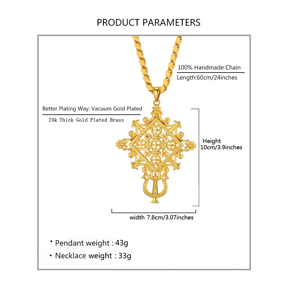 Ethlyn Ethiopian Eritrean Big Cross Pendant Chain Necklace Thick Gold Color Habesha Jewelry MY294