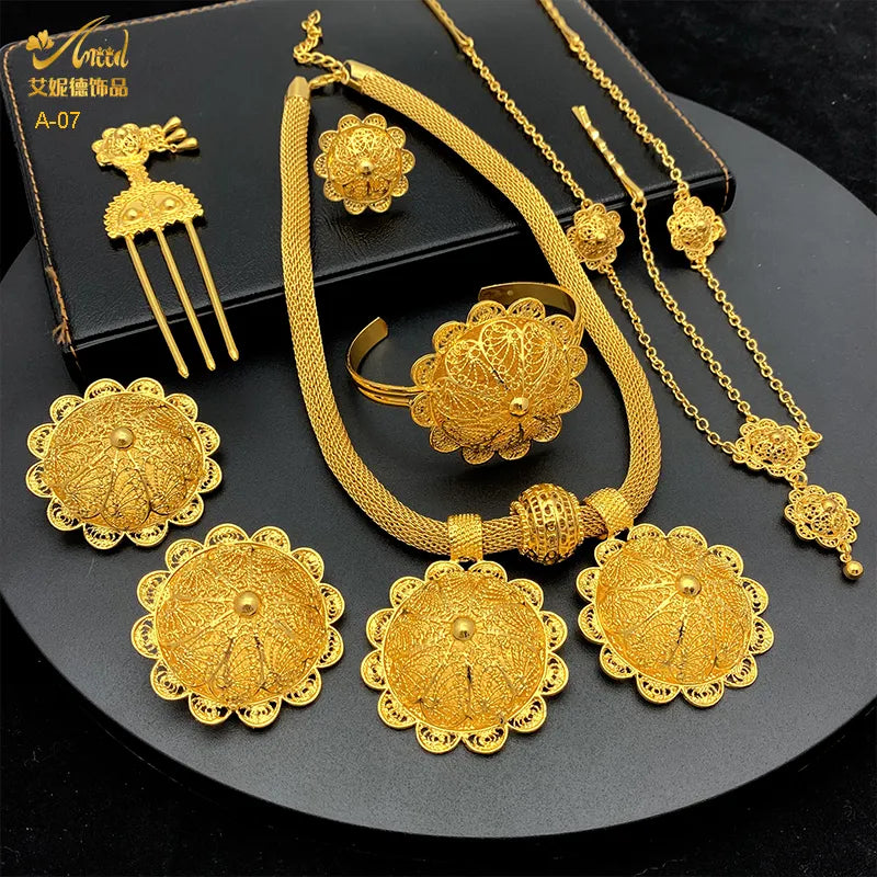 ANIID Ethiopian Gold Plated 6pcs Jewelry Sets For Women Dubai Flower Shape Nigerian Luxury Necklace Jewellery Set Wedding Gifts