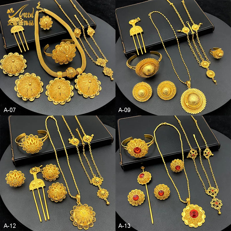 ANIID Ethiopian Gold Plated 6pcs Jewelry Sets For Women Dubai Flower Shape Nigerian Luxury Necklace Jewellery Set Wedding Gifts