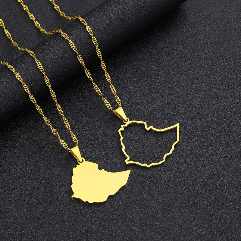 New Ethiopia Map Flag Pendant Necklaces For Women Ethiopian Stainless Steel Jewelry Ethnic Party Birthday Wedding Gifts