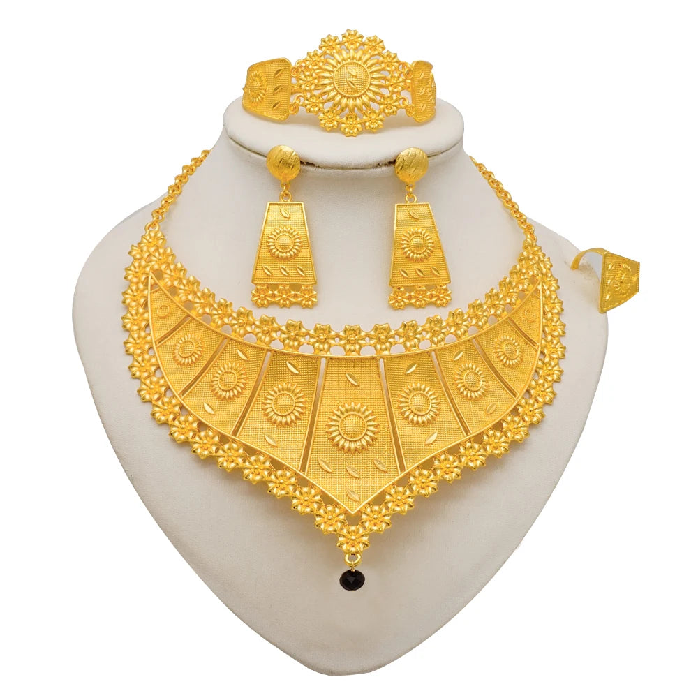 Fashion Dubai Gold Color Jewelry Sets For Women Nigerian Costume Gold Color Bridal Necklace Sets Ethiopian Wedding Gifts