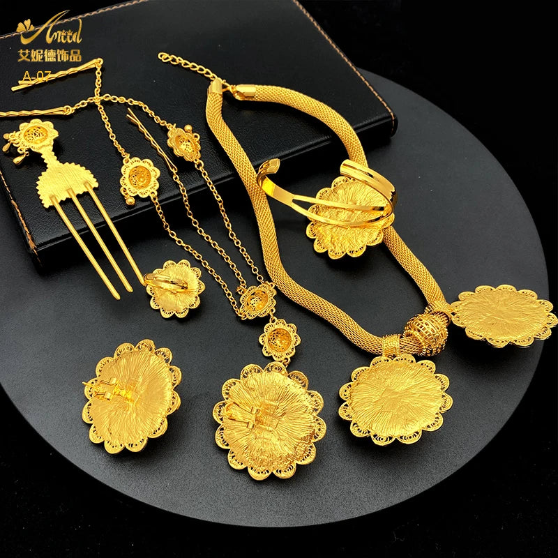 ANIID Ethiopian Gold Plated 6pcs Jewelry Sets For Women Dubai Flower Shape Nigerian Luxury Necklace Jewellery Set Wedding Gifts